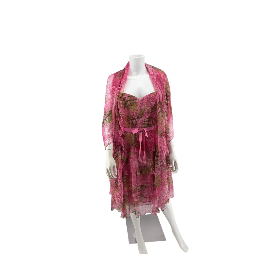 Oscar de la Renta Silk Strapless Tiered Dress Pink Green Fern Leaf Silk Chiffon